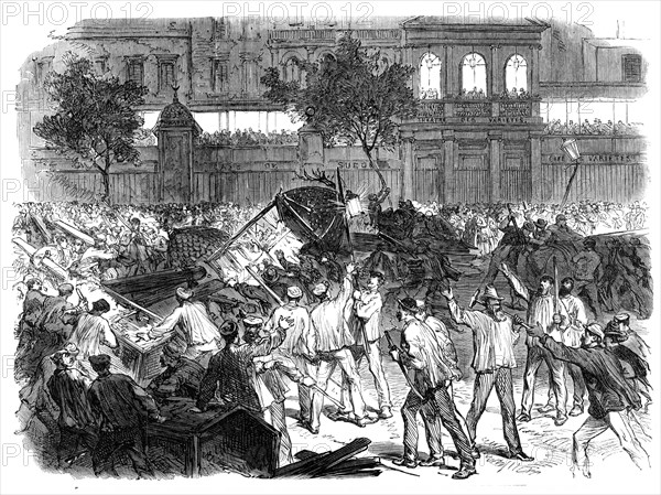 The Disturbances in Paris:...mob attempting to construct a barricade...Boulevard Montmartre..., 1869 Creator: Unknown.