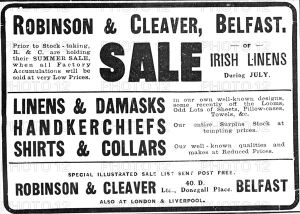 Robinson & Cleaver, Belfast - sale of Irish linens, 1909. Creator: Unknown.