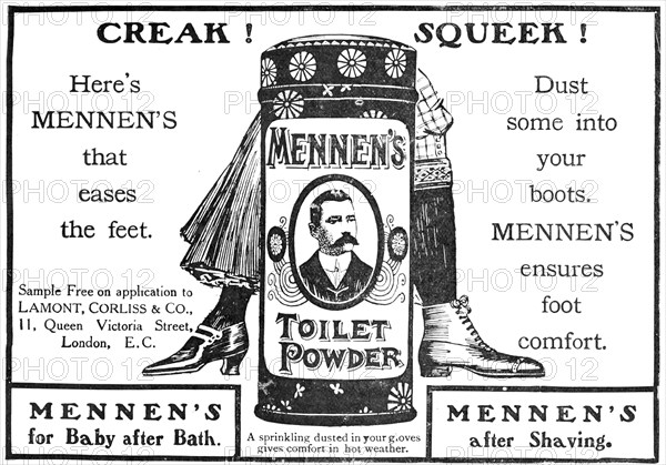 Creak! Squeek! Mennen's Toilet Powder - dust some into your boots, 1909. Creator: Unknown.