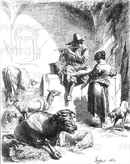 Shepherd Seated at a Fountain, facsimile of an etching by Berghem, 1870. Creator: Unknown.