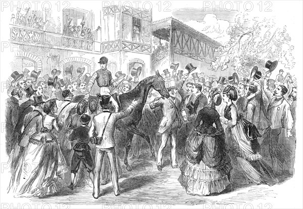 The Race for the Grand Prix de Paris: the winner led to the weighing place, 1870. Creator: Unknown.