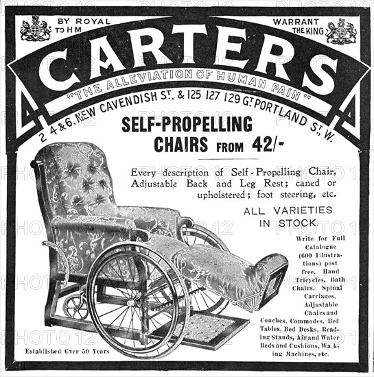 Carters - "The Alleviation of Human Pain" - self-propelling chairs from 42/-, 1909. Creator: Unknown.