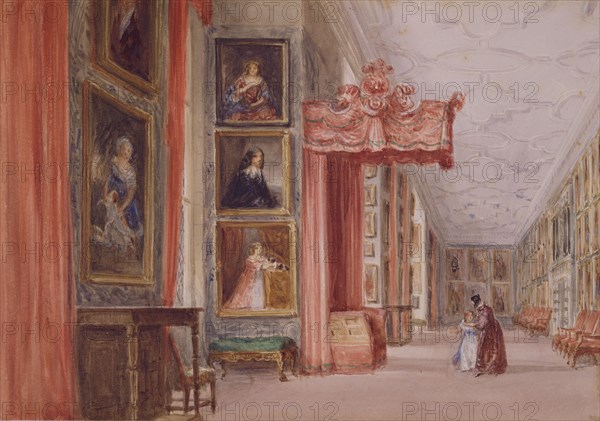 Interior of the Long Gallery, Hardwick Hall, Derbyshire, 1838. Creator: David Cox the Elder.