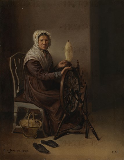 Old Woman at the Spinning Wheel, 1846. Creator: Edla Jansson-Blommer.