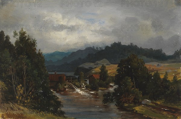 A mill pond in a river landscape, 1870-1879. Creator: Johan Knutson.