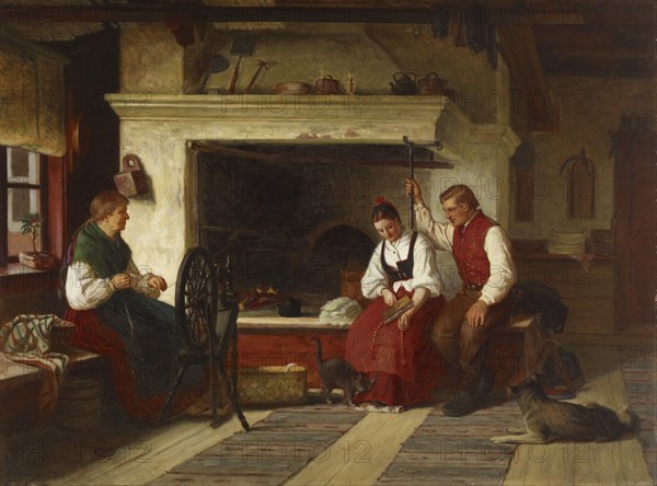 By the Hearth, an Ostrobothnian Courting Scene, 1871. Creator: Adolf von Becker.