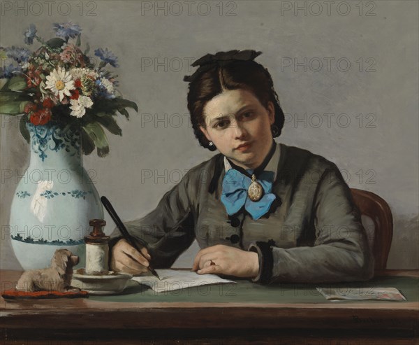 A Girl Writing, 1872. Creator: Adolf von Becker.