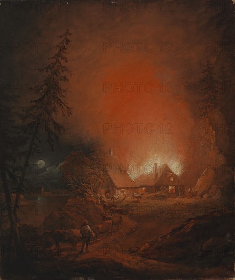 A Fire at Night in a Farmer's House, 1809. Creator: Alexander Lauréus.