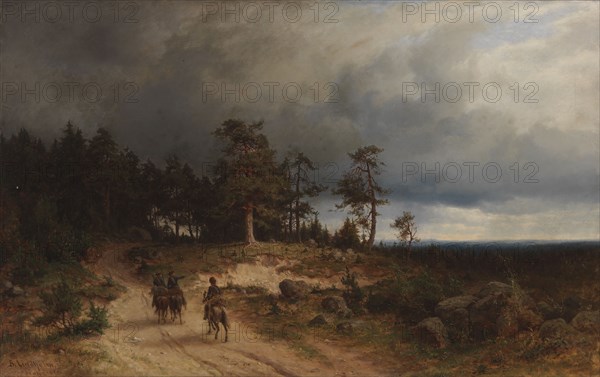 Landscape in Eastern Finland with Mounted Cossacks, 1866. Creator: Berndt Lindholm.