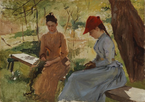 Girls Binding Garlands (The Artist's Sisters Annie and Berta Binding Garlands), study, c1886. Creator: Albert Edelfelt.