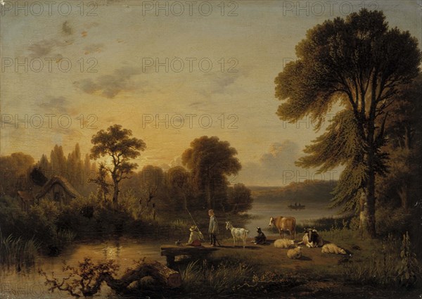 Landscape, Cattle and People, 1839. Creator: Honore Gaspard Delaroche.