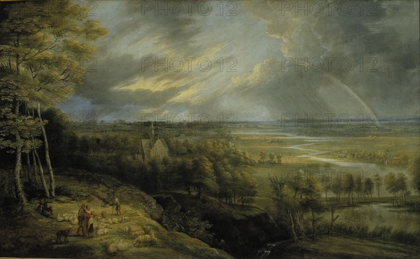 Landscape with rainbow, shepherds and sheep, 1648. Creator: Lucas van Uden.