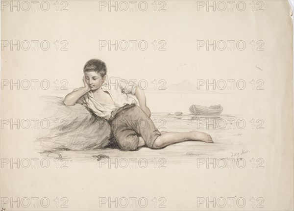 An Italian boy lying against a stone by the bay, 1850-1855. Creator: Karl Anders Ekman.