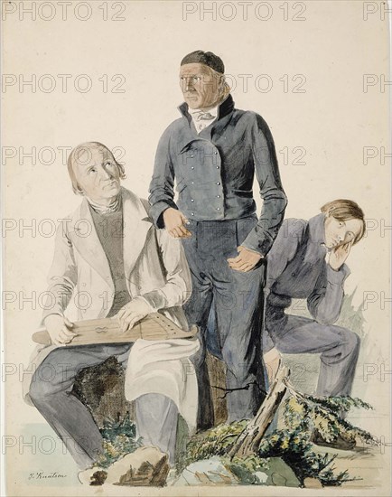 Folk Poets Olli Kymäläinen, Pietari Makkonen and Antti Puhakka, illustration for..., 1845. Creator: Johan Knutson.