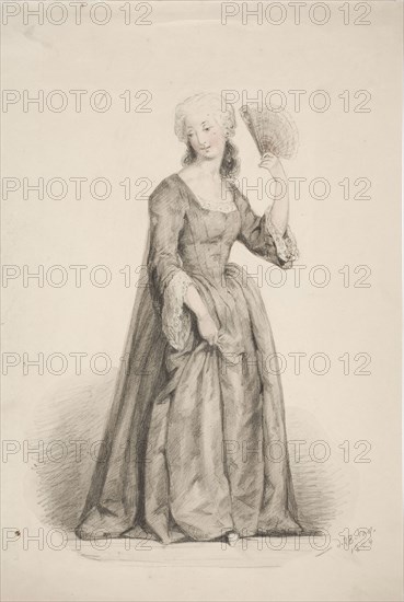 A standing woman in a black dress, her hair powdered and a fan in her hand, 1854. Creator: Karl Anders Ekman.