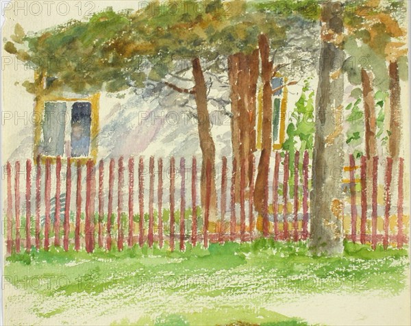 A fence and trees, behind which the wall of a white building breaks up. Creator: Maria Wiik.