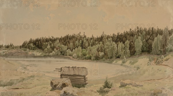 Järvenlahti landscape, an old barn in the foreground and a wooded shore in the background, 1857. Creator: Werner Holmberg.