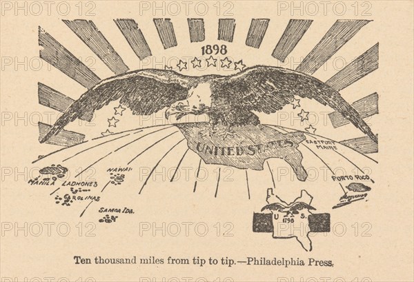 Ten thousand miles from tip to tip, the American Eagle spreads his wings from the..., 1898. Creator: Anonymous.