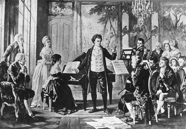 Beethoven and the Rasumovsky Quartet: Ludwig van Beethoven conducting a chamber music piece, c 1880. Creator: Borckmann, August (1827-1890).