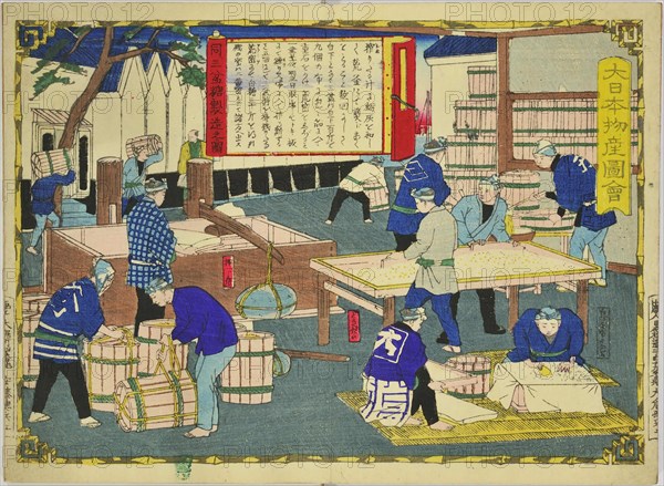 Making Sanbon Sugar in Sanuki Province, from the series Dai Nippon Bussan Zue (...Japan), 1877. Creator: Hiroshige III, Utagawa (1842-1894).