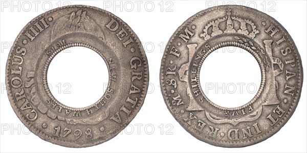 Holey Dollar, New South Wales, minted 1813, from Spanish silver dollar from 1798, 1813. Creator: Numismatic, West European Coins  .