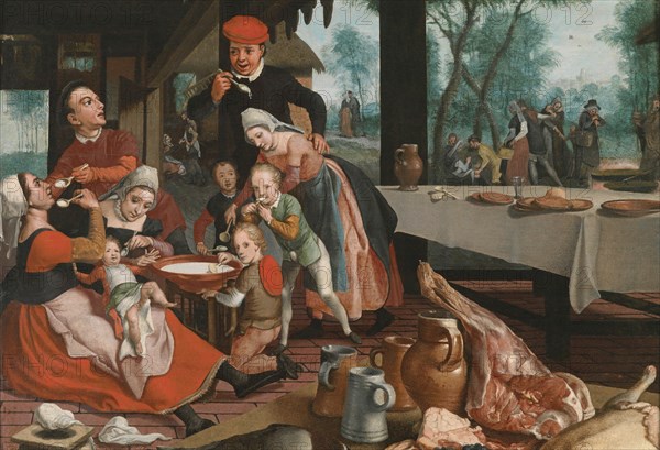 A family eating rice pudding. Creator: Pietersz, Pieter, the Elder (1540-1603).