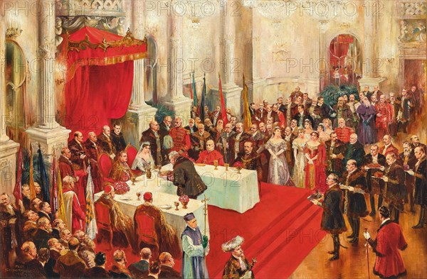 Ceremonial coronation banquet in the Budapest Hofburg with the newly crowned royal...1916, 1917. Creator: Schwormstädt, Felix (1870-1938).