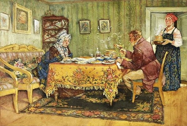 Chichikov at the house of Korobochka. Illustration for the novel "Dead Souls" by N. Gogol, 1930. Creator: Topikov (Pravednikov), Evtikhy Ivanovich (1890-1945).