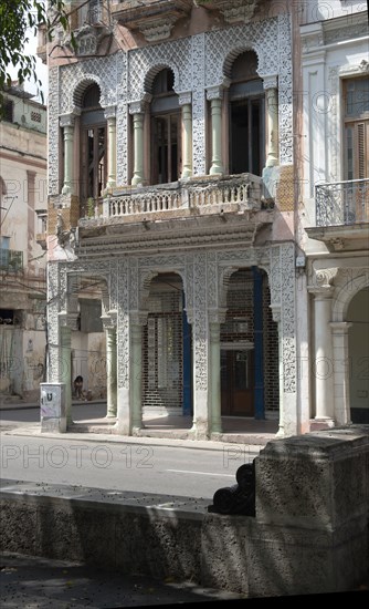 Old semi-ruined building, alongside the pedestrianised street the Prado, Havana, Cuba, 2024. Creator: Ethel Davies.