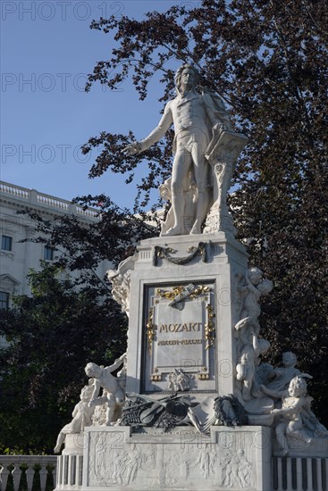 Marble statue of Mozart erected in 1896, in the Burggarten in Vienna, Austria, 2022. Creator: Ethel Davies.