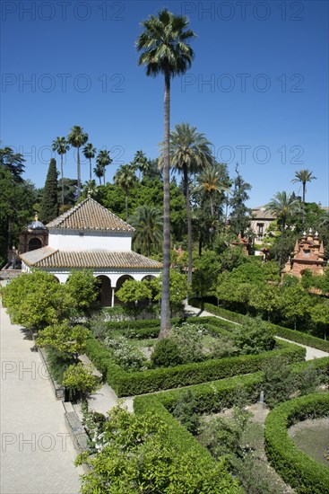 A garden at the Royal Alcazar of Seville, the royal palace prevously a citadel, Spain, 2023. Creator: Ethel Davies.