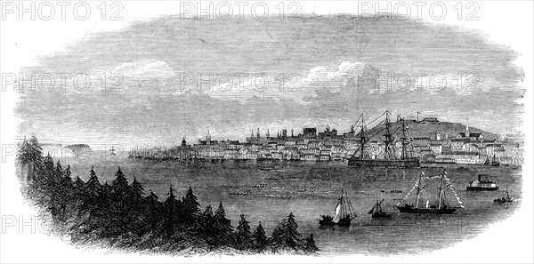 Regatta at Halifax, Nova Scotia - the four-oared race to M'Nab's Island: view from Dartmouth, 1871. Creator: Unknown.