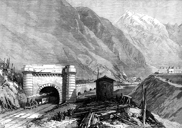 Opening of the Mont Cenis Tunnel: mouth of the tunnel at Bardonnèche, Piedmont, 1871. Creator: Unknown.