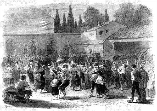 The Vintage of Medoc: evening dance of vineyard labourers, 1871. Creator: Unknown.