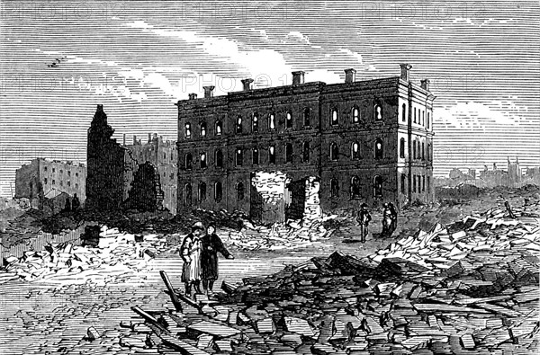 Ruins of Chicago after the Fire: Post-Office and Tribune Buildings, 1871. Creator: Unknown.