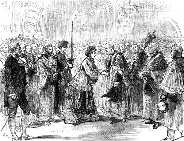 Lady Burdett-Coutts delivering Columbia Market to the Lord Mayor, 1871. Creator: Unknown.