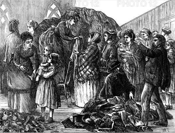 The Chicago Fire: Ladies of Chicago supplying the refugees with clothing, 1871. Creator: Unknown.