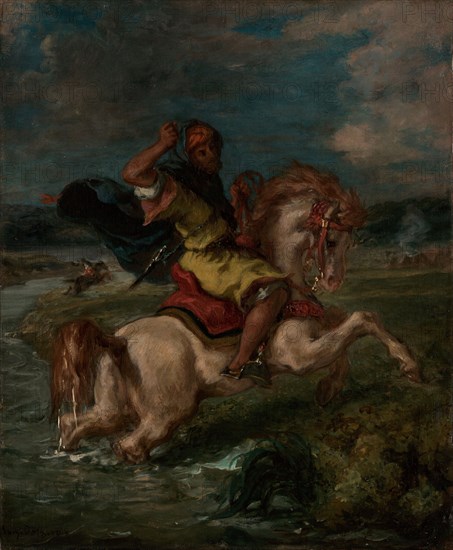 Moroccan Horseman Crossing a Ford, about 1850. Creator: Eugene Delacroix.