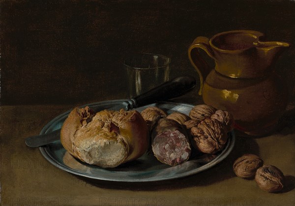 Still Life with Bread, Salami, and Nuts, about 1750-1760. Creator: Giacomo Ceruti.