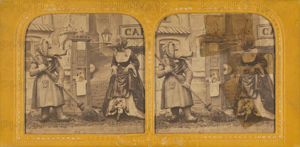 Scene from a play: woman dressed as a pig sweeping with another woman dressed as a bird, 1860s. Creator: Adolphe Block.