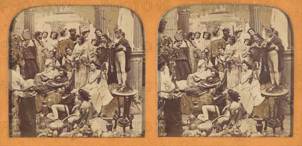 Scenes Animees large group of people dressed in Greek or Roman costumes, about 1865. Creator: Adolphe Block.