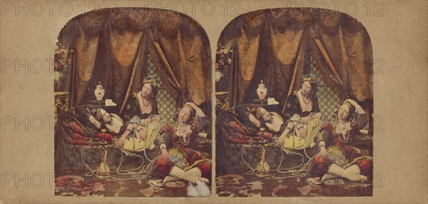 Parlor scene: women lounging after smoking a hookah, about 1860. Creator: Edward Anthony.