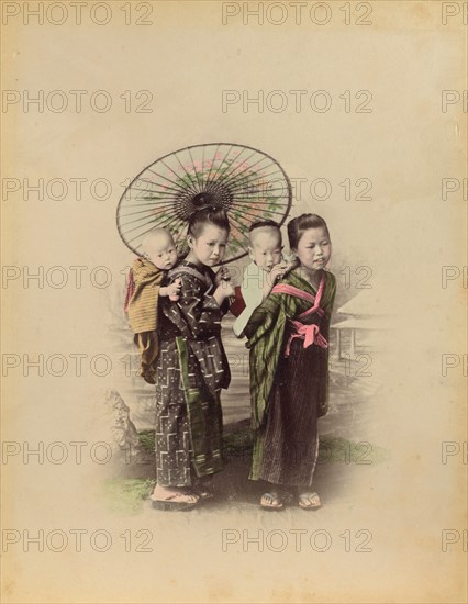 Japanese Mother with Her Three Children, 1870s-1890s. Creator: Kusakabe Kimbei.