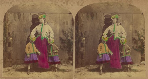 Precaution. Pretty Nursemaid: - "Dear me, children, how must I tell you how to wear..., about 1865. Creator: London Stereoscopic & Photographic Co.