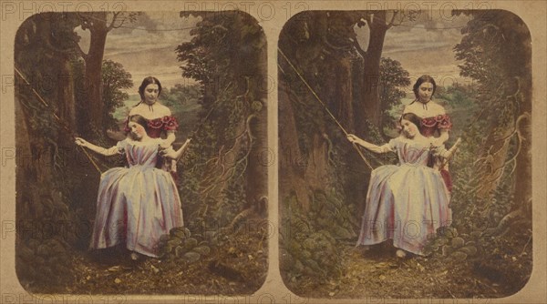 Woman pushing another woman in a swing, about 1865. Creator: London Stereoscopic & Photographic Co.