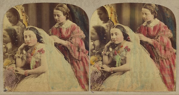 Woman seated being attended by another, about 1865. Creator: London Stereoscopic & Photographic Co.