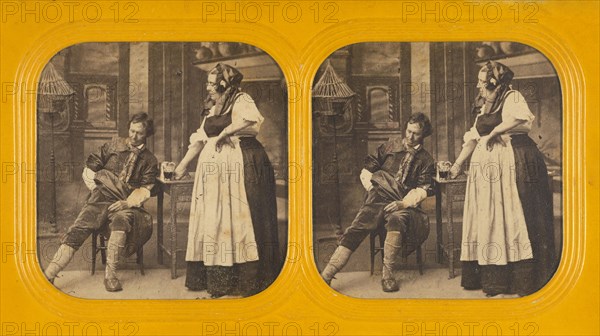 Genre scene: man being served a beer by a woman, the man is reaching in his pocket for money, 1860s. Creator: Charles Gaudin.