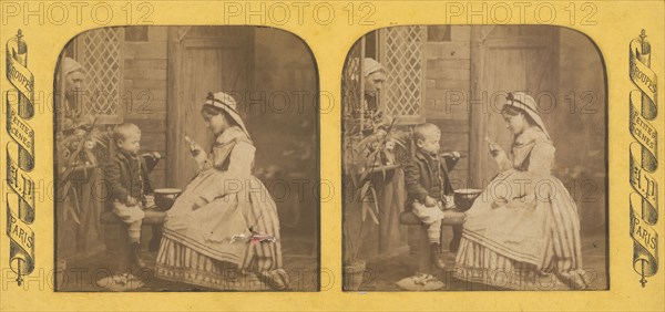 Groupes Petites Scenes: little girl and boy eating on a bench, mother watching from..., 1855-1865. Creator: Cyrus Anatole Pougnet.