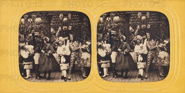 Party scene with people in costumes, 1860s. Creator: E Lamy.