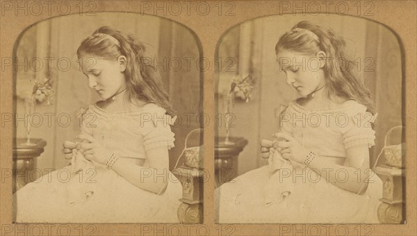 Little girl sewing, 1855-1865. Creator: F. Grau.